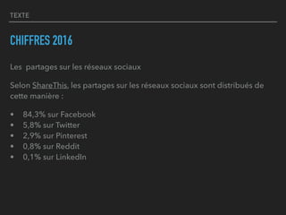 TEXTE
CHIFFRES 2016
Les  partages sur les réseaux sociaux
Selon ShareThis, les partages sur les réseaux sociaux sont distribués de
cette manière :
• 84,3% sur Facebook 
• 5,8% sur Twitter 
• 2,9% sur Pinterest 
• 0,8% sur Reddit 
• 0,1% sur LinkedIn
 