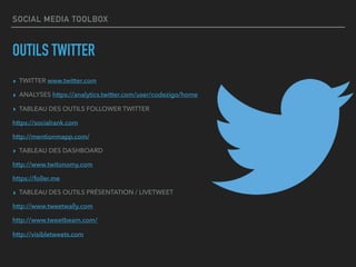 SOCIAL MEDIA TOOLBOX
OUTILS TWITTER
▸ TWITTER www.twitter.com
▸ ANALYSES https://analytics.twitter.com/user/codezigo/home
▸ TABLEAU DES OUTILS FOLLOWER TWITTER
https://socialrank.com
http://mentionmapp.com/
▸ TABLEAU DES DASHBOARD
http://www.twitonomy.com
https://foller.me
▸ TABLEAU DES OUTILS PRÉSENTATION / LIVETWEET
http://www.tweetwally.com
http://www.tweetbeam.com/
http://visibletweets.com
 