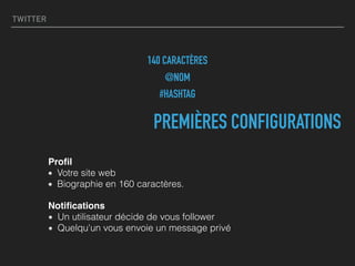 TWITTER
140 CARACTÈRES
@NOM
#HASHTAG
Notiﬁcations
Un utilisateur décide de vous follower
Quelqu'un vous envoie un message privé
Proﬁl
Votre site web
Biographie en 160 caractères.
PREMIÈRES CONFIGURATIONS
 