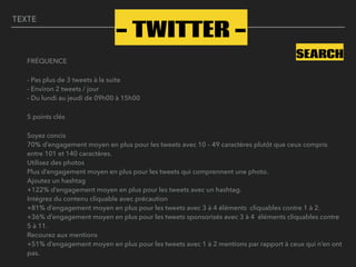TEXTE
SEARCHFRÉQUENCE
- Pas plus de 3 tweets à la suite 
- Environ 2 tweets / jour 
- Du lundi au jeudi de 09h00 à 15h00
5 points clés
Soyez concis 
70% d’engagement moyen en plus pour les tweets avec 10 – 49 caractères plutôt que ceux compris
entre 101 et 140 caractères.  
Utilisez des photos 
Plus d’engagement moyen en plus pour les tweets qui comprennent une photo.  
Ajoutez un hashtag 
+122% d’engagement moyen en plus pour les tweets avec un hashtag.  
Intégrez du contenu cliquable avec précaution 
+81% d’engagement moyen en plus pour les tweets avec 3 à 4 éléments cliquables contre 1 à 2. 
+36% d’engagement moyen en plus pour les tweets sponsorisés avec 3 à 4 éléments cliquables contre
5 à 11. 
Recourez aux mentions  
+51% d’engagement moyen en plus pour les tweets avec 1 à 2 mentions par rapport à ceux qui n’en ont
pas.
- TWITTER -
 