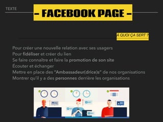 TEXTE
Pour créer une nouvelle relation avec ses usagers  
Pour ﬁdéliser et créer du lien  
Se faire connaître et faire la promotion de son site  
Écouter et échanger  
Mettre en place des “Ambassadeur(drice)s” de nos organisations  
Montrer qu’il y a des personnes derrière les organisations
- FACEBOOK PAGE -
À QUOI ÇA SERT ?
 