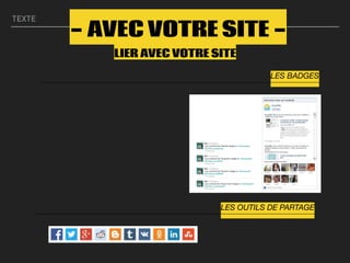 TEXTE
LIER AVEC VOTRE SITE
- AVEC VOTRE SITE -
LES BADGES
LES OUTILS DE PARTAGE
 