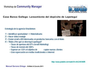 Caso Banco Gallego: Lanzamiento del depósito de Lopetegui Estrategia de la agencia Shackleton: 1º.- Identificar oportunidad    Materializarla 2º.- Hacer video montaje  3º.- Enviar email a BD interesados en productos bancarios con el título  4º.- Título: ¿Por qué se desmayó Lopetegui? - Tasas de apertura del 67% (email Marketing) - Tasas de reenvío del 200% - Superar un 132% el objetivo de  captar nuevos clientes - Gran repercusión en medios tradicionales e Internet http:// www.youtube.com / watch?v = 8cGJ9C90ZfE 