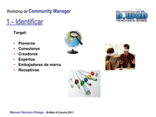 Target: Pioneros   Conectores   Creadores Expertos Embajadores de marca Receptivos 1.- Identificar 