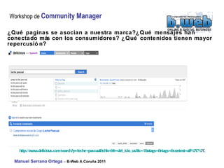 ¿Qué paginas se asocian a nuestra marca?¿Qué mensajes han conectado más con los consumidores? ¿Qué contenidos tienen mayor repercusión? http:// www.delicious.com / search?p =leche+ pascual&chk =& fr = del_icio_us&lc =1& atags =& rtags =& context = all %7C% 7C   
