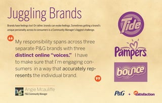 Juggling Brands
Brands have feelings too! Or rather, brands can evoke feelings. Sometimes getting a brand’s
unique personality across to consumers is a Community Manager’s biggest challenge.



       My responsibility spans across three
       separate P&G brands with three
       distinct online “voices.” I have
       to make sure that I’m engaging con-
       sumers in a way that accurately rep-
       resents the individual brand.

                 Angie Mcauliffe
                 P&G Community Manager                                                        +
 