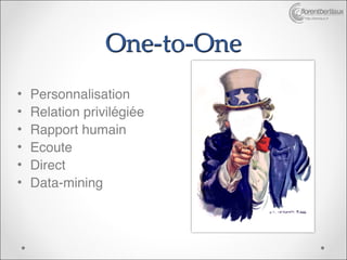 http://bertiaux.fr




                 One-to-One
•   Personnalisation
•   Relation privilégiée
•   Rapport humain
•   Ecoute
•   Direct
•   Data-mining
 
