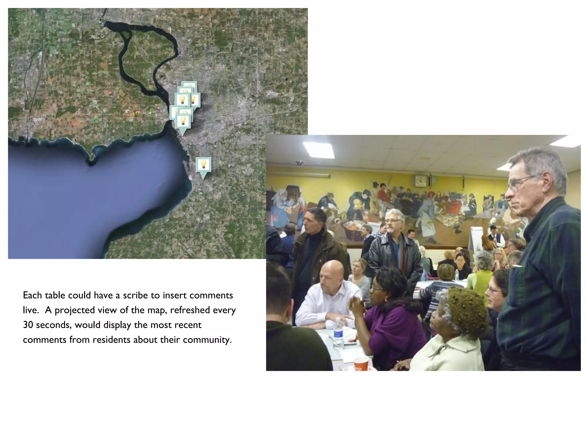 Each table could have a scribe to insert comments live.  A projected view of the map, refreshed every 30 seconds, would display the most recent comments from residents about their community. 