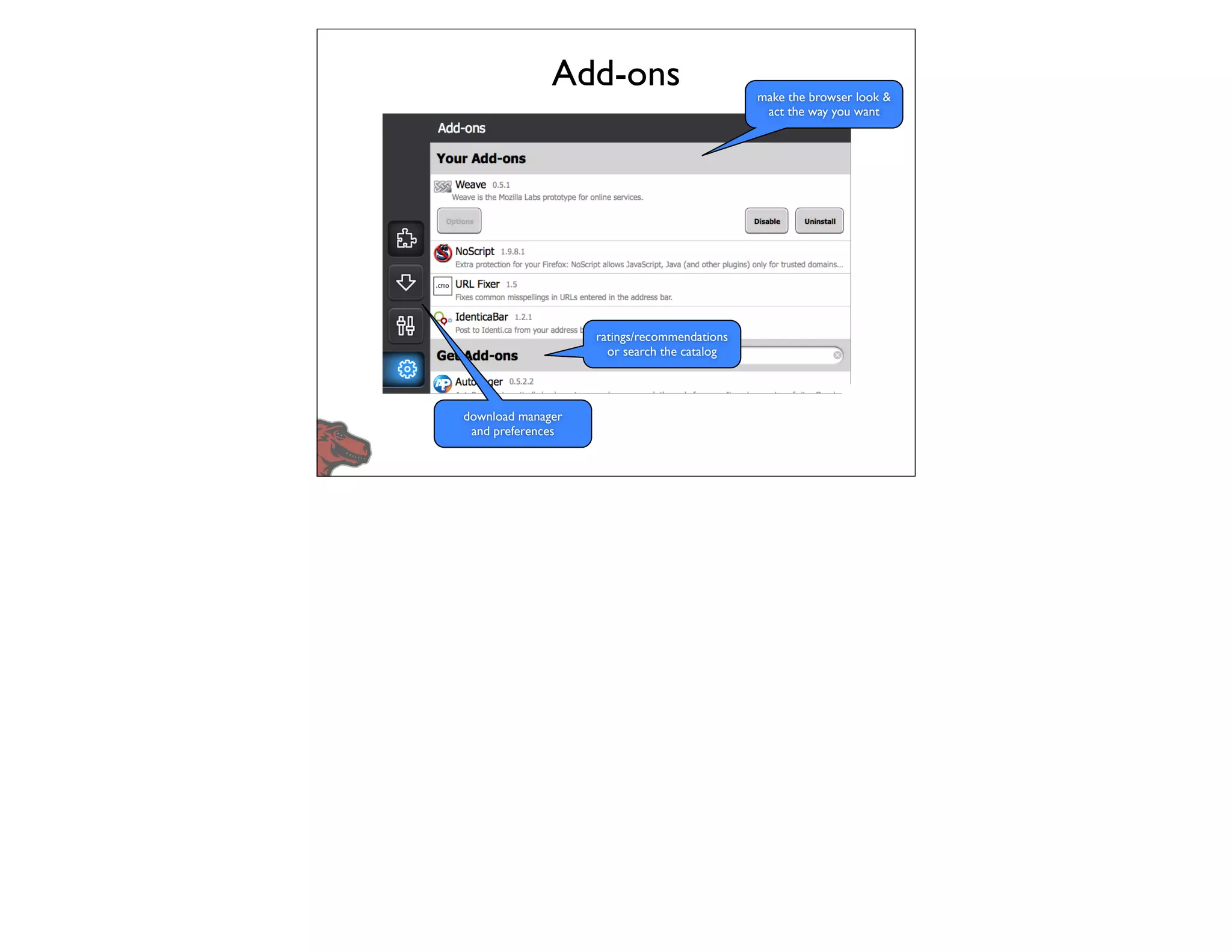 Add-ons                        make the browser look &
                                              act the way you want




                   ratings/recommendations
                     or search the catalog




download manager
 and preferences
 