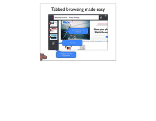 Tabbed browsing made easy



                     thumbnails for easy
                         selection




                  new tab




    intelligent memory
       management
 