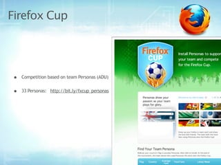 Firefox Cup




•   Competition based on team Personas (ADU)


•   33 Personas: http://bit.ly/fxcup_personas
 