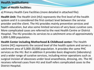 Health Institutions:
Type of Health Facilities:
a) Primary Health Care Facilities (more detailed in attached file):
Health Unit: The Health Unit (HU) represents the first level of the health
system and it is considered the first contact level between the service
provider and the client. The HU provides mainly preventive services and
health education, but also some limited services of very basic curative care.
More complicated cases are referred to the next Health Centre or District
Hospital. The HU provides its services to a catchment area of approximately
1,000-5,000 population.
Health Center including Motherhood & Childhood center: The Health
Centre (HC) represents the second level of the health system and serves a
catchment area of 5,000-20,000 population. It provides the same PHC
services as the HU. But in addition it provides basic diagnostic (laboratory)
and a wider range of curative services, including minor operations such as
surgical incision of abscesses under local anaesthesia, dressing, etc. The HC
receives referred cases from HU and itself refers complicated cases to the
District Hospital.
 