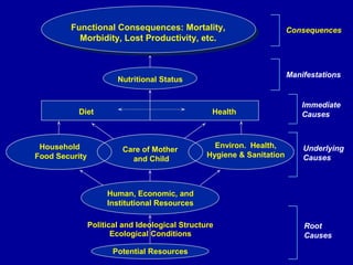 Human, Economic, and
Institutional Resources
Nutritional Status
HealthDiet
Household
Food Security
Potential Resources
Ecological Conditions
Care of Mother
and Child
Environ. Health,
Hygiene & Sanitation
Political and Ideological Structure Root
Causes
Manifestations
Immediate
Causes
Underlying
Causes
Functional Consequences: Mortality,
Morbidity, Lost Productivity, etc.
Consequences
 