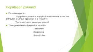 Population pyramid
◆ Population pyramid:
A population pyramid is a graphical illustration that shows the
distribution of various age groups in a population
This is also known as age sex pyramid
◆ Three general kinds of population pyramids:
1.stationary
2.expansive
3.constrictive
 