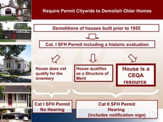 Demolitions of houses built prior to 1955 Require Permit Citywide to Demolish Older Homes House is a CEQA resource  House does not qualify for the inventory Cat. I SFH Permit including a historic evaluation House qualifies as a Structure of Merit Cat II SFH Permit Hearing  (includes notification sign) Cat I SFH Permit No Hearing 