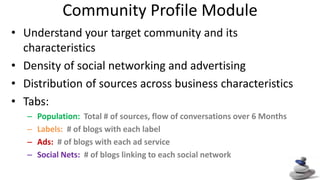 Community Profile Module Understand your target community and its characteristics Density of social networking and advertising Distribution of sources across business characteristics Tabs: Population:  Total # of sources, flow of conversations over 6 Months Labels:  # of blogs with each label Ads:  # of blogs with each ad service Social Nets:  # of blogs linking to each social network 