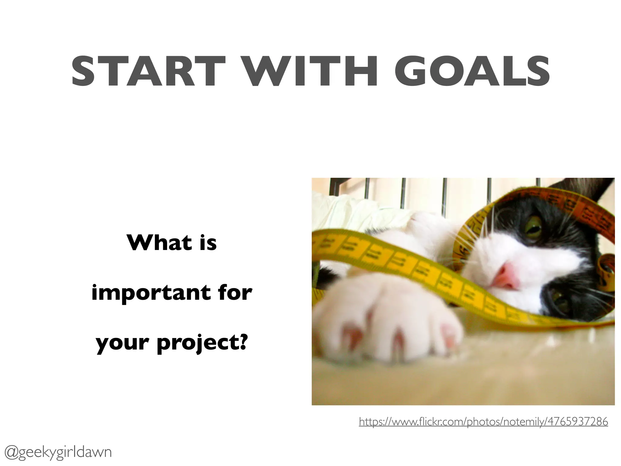 START WITH GOALS
What is
important for
your project?
https://www.ﬂickr.com/photos/notemily/4765937286
@geekygirldawn
 