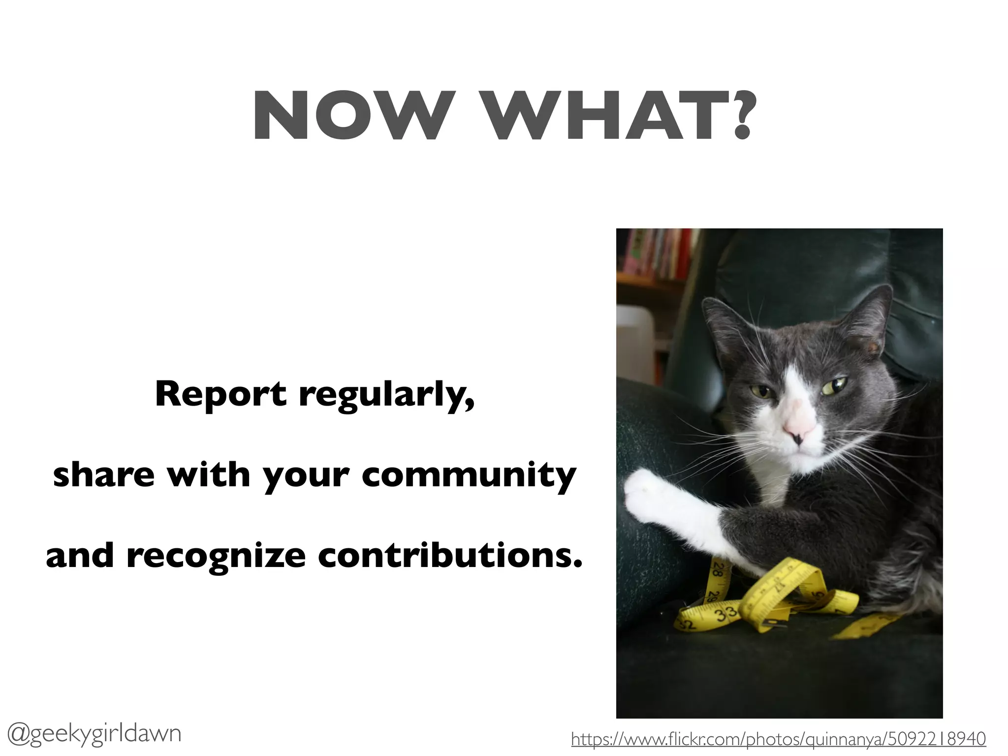 NOW WHAT?
Report regularly,
share with your community
and recognize contributions.
https://www.ﬂickr.com/photos/quinnanya/5092218940@geekygirldawn
 