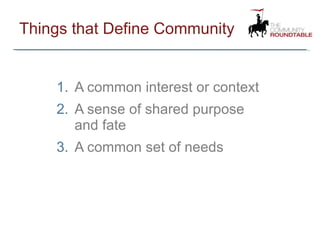 Things that Define Community A common interest or context A sense of shared purpose and fate A common set of needs 