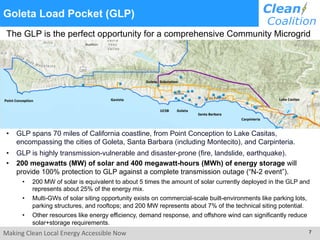 Making Clean Local Energy Accessible Now 7
Goleta Load Pocket (GLP)
The GLP is the perfect opportunity for a comprehensive Community Microgrid
• GLP spans 70 miles of California coastline, from Point Conception to Lake Casitas,
encompassing the cities of Goleta, Santa Barbara (including Montecito), and Carpinteria.
• GLP is highly transmission-vulnerable and disaster-prone (fire, landslide, earthquake).
• 200 megawatts (MW) of solar and 400 megawatt-hours (MWh) of energy storage will
provide 100% protection to GLP against a complete transmission outage (“N-2 event”).
• 200 MW of solar is equivalent to about 5 times the amount of solar currently deployed in the GLP and
represents about 25% of the energy mix.
• Multi-GWs of solar siting opportunity exists on commercial-scale built-environments like parking lots,
parking structures, and rooftops; and 200 MW represents about 7% of the technical siting potential.
• Other resources like energy efficiency, demand response, and offshore wind can significantly reduce
solar+storage requirements.
 