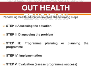 Performing health education involves the following steps
 STEP I: Assessing the situation
 STEP II: Diagnosing the problem
 STEP III: Programme planning or planning the
programme
 STEP IV: Implementation
 STEP V: Evaluation (assess programme success)
 