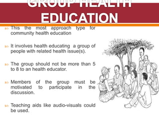  This the most approach type for
community health education
 It involves health educating a group of
people with related health issue(s).
 The group should not be more than 5
to 8 to an health educator.
 Members of the group must be
motivated to participate in the
discussion.
 Teaching aids like audio-visuals could
be used.
 