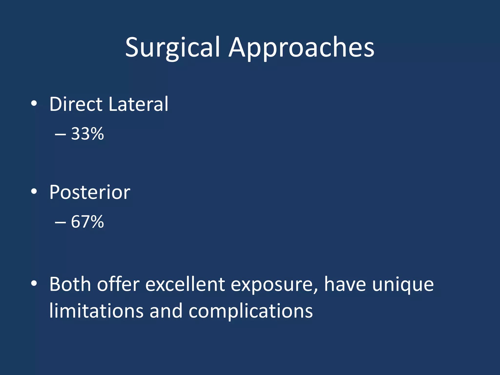Surgical Approaches
• Direct Lateral
– 33%
• Posterior
– 67%
• Both offer excellent exposure, have unique
limitations and complications
 