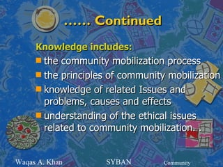 …… Continued
     Knowledge includes:
     s the community mobilization process
     s the principles of community mobilization
     s knowledge of related Issues and
       problems, causes and effects
     s understanding of the ethical issues
       related to community mobilization. .


Waqas A. Khan        SYBAN        Community
 