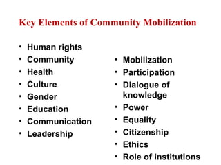 Key Elements of Community Mobilization
• Human rights
• Community
• Health
• Culture
• Gender
• Education
• Communication
• Leadership
• Mobilization
• Participation
• Dialogue of
knowledge
• Power
• Equality
• Citizenship
• Ethics
• Role of institutions
 