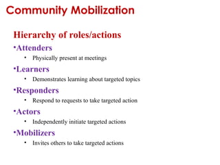 Hierarchy of roles/actions
•Attenders
• Physically present at meetings
•Learners
• Demonstrates learning about targeted topics
•Responders
• Respond to requests to take targeted action
•Actors
• Independently initiate targeted actions
•Mobilizers
• Invites others to take targeted actions
Community Mobilization
 