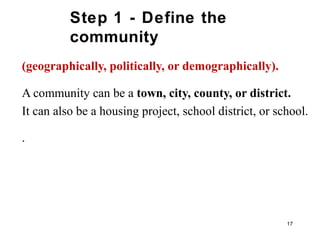 Step 1 - Define the
community
(geographically, politically, or demographically).
A community can be a town, city, county, or district.
It can also be a housing project, school district, or school.
.
17
 