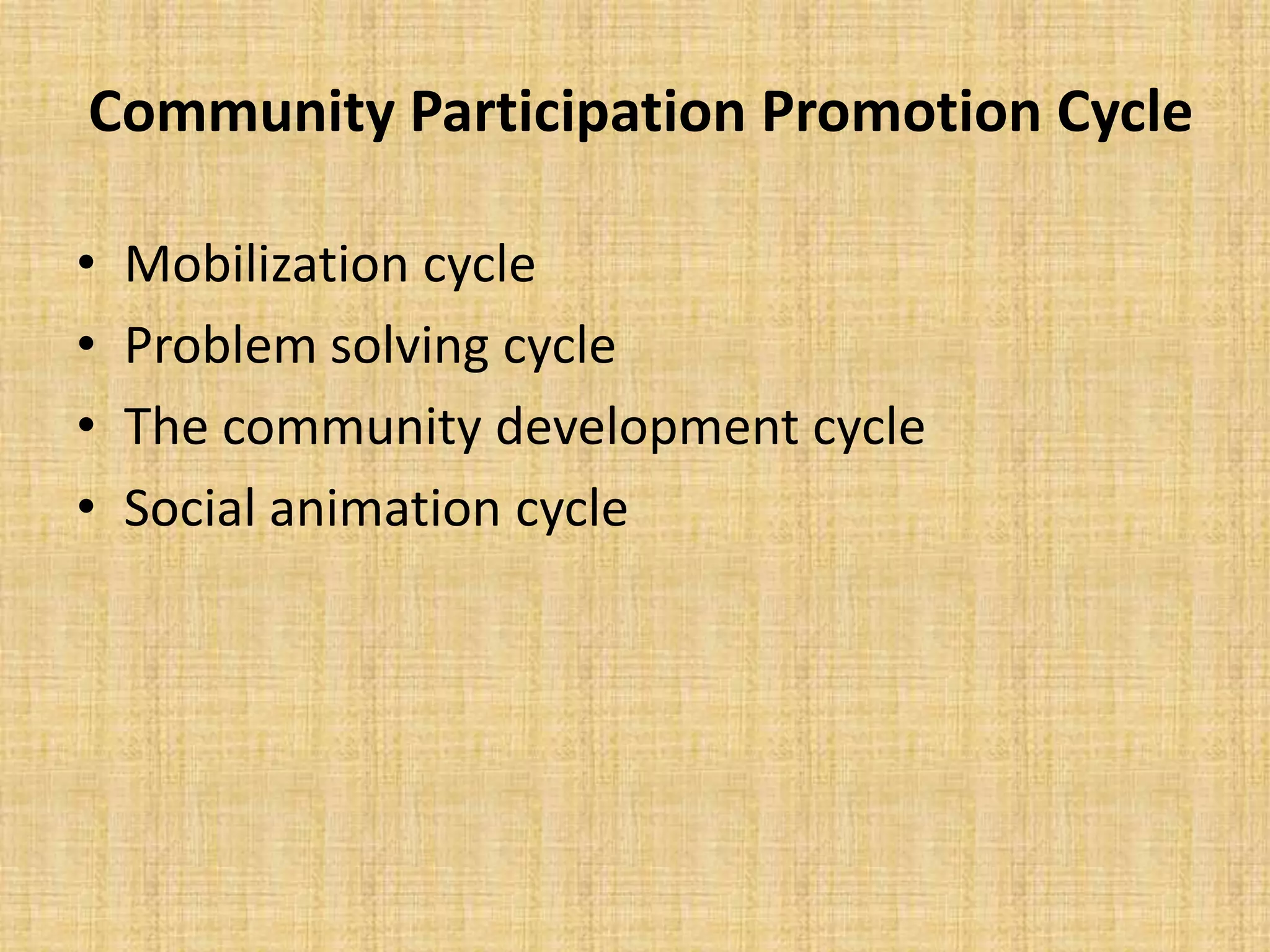 Community Participation Promotion Cycle
âĒ
âĒ
âĒ
âĒ
Mobilization cycle
Problem solving cycle
The community development cycle
Social animation cycle