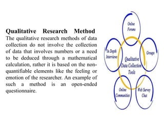 Qualitative Research Method
The qualitative research methods of data
collection do not involve the collection
of data that involves numbers or a need
to be deduced through a mathematical
calculation, rather it is based on the non-
quantifiable elements like the feeling or
emotion of the researcher. An example of
such a method is an open-ended
questionnaire.
 