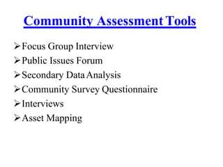 Community AssessmentTools
Focus Group Interview
Public Issues Forum
Secondary DataAnalysis
Community Survey Questionnaire
Interviews
Asset Mapping
 
