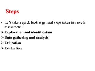Steps
• Let's take a quick look at general steps taken in a needs
assessment.
 Exploration and identification
 Data gathering and analysis
 Utilization
 Evaluation
 