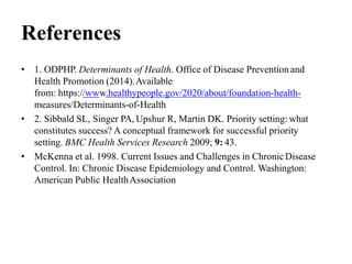 References
• 1. ODPHP. Determinants of Health. Office of Disease Prevention and
Health Promotion (2014).Available
from: https://www.healthypeople.gov/2020/about/foundation-health-
measures/Determinants-of-Health
• 2. Sibbald SL, Singer PA, Upshur R, Martin DK. Priority setting: what
constitutes success? A conceptual framework for successful priority
setting. BMC Health Services Research 2009; 9: 43.
• McKenna et al. 1998. Current Issues and Challenges in ChronicDisease
Control. In: Chronic Disease Epidemiology and Control. Washington:
American Public HealthAssociation
 