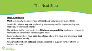 The Next Step
Stage 6: Initiation
Most community members have at least basic knowledge of local efforts.
Leadership plays a key role in planning, developing and/or implementing new,
modified, or increased efforts.
The attitude in the community is ―This is our responsibility, and some community
members are involved in addressing the issue.
Community members have basic knowledge about the issue and are aware that
the issue occurs locally.
Resources have been obtained and/or allocated to support further efforts to
address this issue.
 
