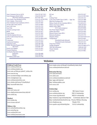 Page 7

                                              Rucker Numbers
Army Community Service (ACS)                   (334) 255-3817/3815     ID Card                                         (334) 255-2437
Army Emergency Relief (AER)                    (334) 255-2341/3817     ITR                                             (334) 255-2997/3031
           After hours emergency assistance    (877) 565-7647          Lending Closet                                  (334) 255-3161
Army Family Team Building (AFTB)               (334) 255-AFTB (2382)   Lyster Army Health Clinic (LAHC) — Appt. line   (334) 255-7000
Army Lodging—Reservations                      (334) 598-5216          Main Post Exchange (PX)                         (334) 503-9044
Army Volunteer Corp Coordinator (AVCC)         (334) 255-3643          Military Family & Life Consultant (MFLC)        (334) 405-0353
Arts & Crafts Center (SACS)                    (334) 255-9020          Military One Source (MOS)                       1-800-342-9647
Auto Craft Center                              (334) 255-3725          Military Police (MPs)                           (334) 255-2222
Auto Pride                                     (334) 503-9338                     E-911 (non-emergency)                (334) 255-0248
Aviation Learning Center                       (334) 255-3942          New Parent Support Program                      (334) 255-3359
BOSS                                           (334) 255-2677          Outdoor Recreation                              (334) 255-4305
Center Library                                 (334) 255-3885          Physical Fitness Center (PFC)                   (334) 255-2672
Child Development Services                     (334) 255-2262          Relocation Readiness                            (334) 255-3735
Child, Youth & School Services                 (334) 255-9638          Shoppette (Main)                                (334) 503-9338/5-3313
Class Six                                      (334) 255-9044 (x283)   Transportation                                  (334) 255-9852
Commissary                                     (334) 255-2212                     Household Goods (Inbound)            (334) 255-255-2343
Employment Readiness                           (334) 255-3949                     Household Goods (Outbound)           (334) 255-3415
Equestrian Center                              (334) 598-3384          Triage Nurse Hotline                            1-866-346-7672
Family Advocacy Program (FAP)                  (334) 255– 3246         Triangle Shoppette                              (334) 255-9044 (x277)
           After hours                         (334) 406-7347          TRICARE Information                             1-800-444-5445
Family Life Chaplain                           (334) 255-2051          Theatre Schedule                                (334) 255-2408
Financial Readiness                            (334) 255-9631          Vet Clinic                                      (334) 255-9061
Fort Rucker Dependent Schools:
           Elementary                          (334) 598-4408
           Primary                             (334) 598-4473
Fortenberry-Colton Gym                         (334) 255-3794


                                                                Websites:
 Children/Youth/Teen                                                   www.tradoc.army.mil/dcspil/virtualfamily/index.html
 www.militarychild.org                                                 www.militaryhomefront.dod.mil
 www.militarystudent.org
 www.naic.acf.hhs.gov/pubs/F_milita.cfm                                Relocation/Moving
 www.naccrra.org                                                       www.dod.mil/mtom
 www.sat.eknowledge.com/military.asp                                   www.ahrn.com
 www.stompproject.org                                                  www.militaryinstallations.dod.mil
 www.militaryteenonline.com                                            http://apps.mhf.dod.mil
 www.dodea.edu/home/VirtualSchool                                      http://militarystables.com
 http://axcessdl.state.al.us/                                          www.move.mil

 Military                                                              Scholarships
 www.aw2.army.mil
                                                                       www.aerhq.org                          MG James Ursano
 www.deploymentconnections.dod.mil
                                                                       www.militaryscholar.org               DECA Scholarship
 www.nmfa.org
                                                                       www.moaa.org/education                MOAA scholarship
 Medical                                                               http://ruckercsc.org/scholarship.htm    Community Spouse Club
 www.nmha.org                                                          http://ourfamilyforfamiliesfirst.org Picerne Military Housing
 www.tricare.osd.mil                                                   www.thanksusa.org                     Thanks USA
                                                                       www.quad-a.org/scholarship.htm        AAAA scholarship
 Military Life
 www.armyfamiliesonline.org
 www.armyfrg.org
 www.militarylife.com
 www.militaryonesource.com
 www.myarmyonesource.com
 