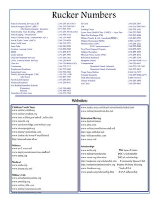 Rucker Numbers
ID Card (334) 255-2437
ITR (334) 255-2997/3031
Lending Closet (334) 255-3161
Lyster Army Health Clinic (LAHC) — Appt. line (334) 255-7000
Main Post Exchange (PX) (334) 503-9044
Military Family & Life Consultant (MFLC) (334) 405-0353
Military One Source (MOS) 1-800-342-9647
Military Police (MPs) (334) 255-2222
E-911 (non-emergency) (334) 255-0248
New Parent Support Program (334) 255-3359
Outdoor Recreation (334) 255-4305
Physical Fitness Center (PFC) (334) 255-2672
Relocation Readiness (334) 255-3735
Shoppette (Main) (334) 503-9338/5-3313
Transportation (334) 255-9852
Household Goods (Inbound) (334) 255-255-2343
Household Goods (Outbound) (334) 255-3415
Triage Nurse Hotline 1-866-346-7672
Triangle Shoppette (334) 255-9044 (x277)
TRICARE Information 1-800-444-5445
Theatre Schedule (334) 255-2408
Vet Clinic (334) 255-9061
Army Community Service (ACS) (334) 255-3817/3815
Army Emergency Relief (AER) (334) 255-2341/3817
After hours emergency assistance (877) 565-7647
Army Family Team Building (AFTB) (334) 255-AFTB (2382)
Army Lodging—Reservations (334) 598-5216
Army Volunteer Corp Coordinator (AVCC) (334) 255-3643
Arts & Crafts Center (SACS) (334) 255-9020
Auto Craft Center (334) 255-3725
Auto Pride (334) 503-9338
Aviation Learning Center (334) 255-3942
BOSS (334) 255-2677
Center Library (334) 255-3885
Child Development Services (334) 255-2262
Child, Youth & School Services (334) 255-9638
Class Six (334) 255-9044 (x283)
Commissary (334) 255-2212
Employment Readiness (334) 255-3949
Equestrian Center (334) 598-3384
Family Advocacy Program (FAP) (334) 255– 3246
After hours (334) 406-7347
Family Life Chaplain (334) 255-2051
Financial Readiness (334) 255-9631
Fort Rucker Dependent Schools:
Elementary (334) 598-4408
Primary (334) 598-4473
Fortenberry-Colton Gym (334) 255-3794
Children/Youth/Teen
www.militarychild.org
www.militarystudent.org
www.naic.acf.hhs.gov/pubs/F_milita.cfm
www.naccrra.org
www.sat.eknowledge.com/military.asp
www.stompproject.org
www.militaryteenonline.com
www.dodea.edu/home/VirtualSchool
http://axcessdl.state.al.us/
Military
www.aw2.army.mil
www.deploymentconnections.dod.mil
www.nmfa.org
Medical
www.nmha.org
www.tricare.osd.mil
Military Life
www.armyfamiliesonline.org
www.armyfrg.org
www.militarylife.com
www.militaryonesource.com
www.myarmyonesource.com
www.tradoc.army.mil/dcspil/virtualfamily/index.html
www.militaryhomefront.dod.mil
Relocation/Moving
www.dod.mil/mtom
www.ahrn.com
www.militaryinstallations.dod.mil
http://apps.mhf.dod.mil
http://militarystables.com
www.move.mil
Scholarships
www.aerhq.org MG James Ursano
www.militaryscholar.org DECA Scholarship
www.moaa.org/education MOAA scholarship
http://ruckercsc.org/scholarship.htm Community Spouse Club
http://ourfamilyforfamiliesfirst.org Picerne Military Housing
www.thanksusa.org Thanks USA
www.quad-a.org/scholarship.htm AAAA scholarship
Websites:
 