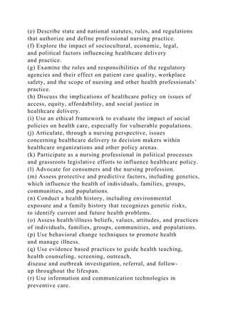 (e) Describe state and national statutes, rules, and regulations
that authorize and define professional nursing practice.
(f) Explore the impact of sociocultural, economic, legal,
and political factors influencing healthcare delivery
and practice.
(g) Examine the roles and responsibilities of the regulatory
agencies and their effect on patient care quality, workplace
safety, and the scope of nursing and other health professionals’
practice.
(h) Discuss the implications of healthcare policy on issues of
access, equity, affordability, and social justice in
healthcare delivery.
(i) Use an ethical framework to evaluate the impact of social
policies on health care, especially for vulnerable populations.
(j) Articulate, through a nursing perspective, issues
concerning healthcare delivery to decision makers within
healthcare organizations and other policy arenas.
(k) Participate as a nursing professional in political processes
and grassroots legislative efforts to influence healthcare policy.
(l) Advocate for consumers and the nursing profession.
(m) Assess protective and predictive factors, including genetics,
which influence the health of individuals, families, groups,
communities, and populations.
(n) Conduct a health history, including environmental
exposure and a family history that recognizes genetic risks,
to identify current and future health problems.
(o) Assess health/illness beliefs, values, attitudes, and practices
of individuals, families, groups, communities, and populations.
(p) Use behavioral change techniques to promote health
and manage illness.
(q) Use evidence based practices to guide health teaching,
health counseling, screening, outreach,
disease and outbreak investigation, referral, and follow-
up throughout the lifespan.
(r) Use information and communication technologies in
preventive care.
 
