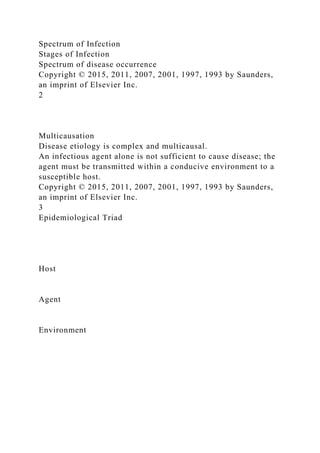 Spectrum of Infection
Stages of Infection
Spectrum of disease occurrence
Copyright © 2015, 2011, 2007, 2001, 1997, 1993 by Saunders,
an imprint of Elsevier Inc.
2
Multicausation
Disease etiology is complex and multicausal.
An infectious agent alone is not sufficient to cause disease; the
agent must be transmitted within a conducive environment to a
susceptible host.
Copyright © 2015, 2011, 2007, 2001, 1997, 1993 by Saunders,
an imprint of Elsevier Inc.
3
Epidemiological Triad
Host
Agent
Environment
 