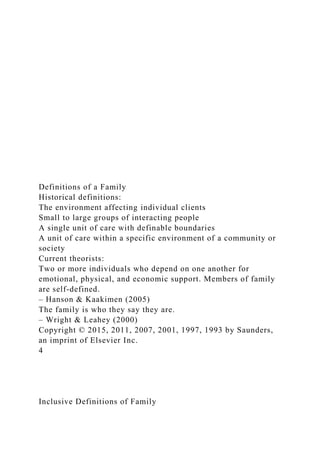 Definitions of a Family
Historical definitions:
The environment affecting individual clients
Small to large groups of interacting people
A single unit of care with definable boundaries
A unit of care within a specific environment of a community or
society
Current theorists:
Two or more individuals who depend on one another for
emotional, physical, and economic support. Members of family
are self-defined.
– Hanson & Kaakimen (2005)
The family is who they say they are.
– Wright & Leahey (2000)
Copyright © 2015, 2011, 2007, 2001, 1997, 1993 by Saunders,
an imprint of Elsevier Inc.
4
Inclusive Definitions of Family
 