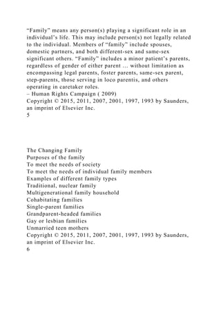 “Family” means any person(s) playing a significant role in an
individual’s life. This may include person(s) not legally related
to the individual. Members of “family” include spouses,
domestic partners, and both different-sex and same-sex
significant others. “Family” includes a minor patient’s parents,
regardless of gender of either parent … without limitation as
encompassing legal parents, foster parents, same-sex parent,
step-parents, those serving in loco parentis, and others
operating in caretaker roles.
– Human Rights Campaign ( 2009)
Copyright © 2015, 2011, 2007, 2001, 1997, 1993 by Saunders,
an imprint of Elsevier Inc.
5
The Changing Family
Purposes of the family
To meet the needs of society
To meet the needs of individual family members
Examples of different family types
Traditional, nuclear family
Multigenerational family household
Cohabitating families
Single-parent families
Grandparent-headed families
Gay or lesbian families
Unmarried teen mothers
Copyright © 2015, 2011, 2007, 2001, 1997, 1993 by Saunders,
an imprint of Elsevier Inc.
6
 