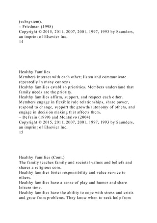(subsystem).
– Friedman (1998)
Copyright © 2015, 2011, 2007, 2001, 1997, 1993 by Saunders,
an imprint of Elsevier Inc.
14
Healthy Families
Members interact with each other; listen and communicate
repeatedly in many contexts.
Healthy families establish priorities. Members understand that
family needs are the priority.
Healthy families affirm, support, and respect each other.
Members engage in flexible role relationships, share power,
respond to change, support the growth/autonomy of others, and
engage in decision making that affects them.
– DeFrain (1999) and Montalvo (2004)
Copyright © 2015, 2011, 2007, 2001, 1997, 1993 by Saunders,
an imprint of Elsevier Inc.
15
Healthy Families (Cont.)
The family teaches family and societal values and beliefs and
shares a religious core.
Healthy families foster responsibility and value service to
others.
Healthy families have a sense of play and humor and share
leisure time.
Healthy families have the ability to cope with stress and crisis
and grow from problems. They know when to seek help from
 