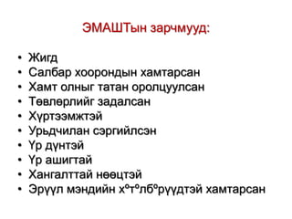 ЭМАШТын зарчмууд:
•
•
•
•
•
•
•
•
•
•

Жигд
Салбар хоорондын хамтарсан
Хамт олныг татан оролцуулсан
Төвлөрлийг задалсан
Хүртээмжтэй
Урьдчилан сэргийлсэн
Үр дүнтэй
Үр ашигтай
Хангалттай нөөцтэй
Эрүүл мэндийн хºтºлбºрүүдтэй хамтарсан

 