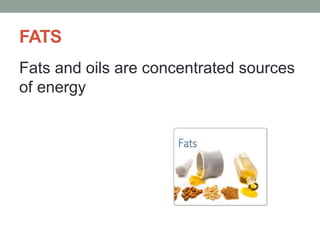FATS
Fats and oils are concentrated sources
of energy
 