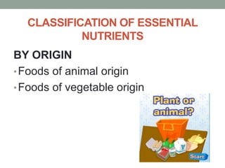 CLASSIFICATION OF ESSENTIAL
NUTRIENTS
BY ORIGIN
•Foods of animal origin
•Foods of vegetable origin
 