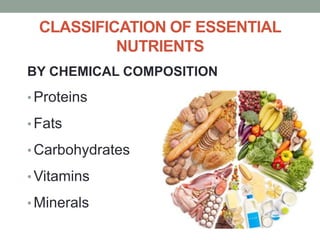 CLASSIFICATION OF ESSENTIAL
NUTRIENTS
BY CHEMICAL COMPOSITION
• Proteins
• Fats
• Carbohydrates
• Vitamins
• Minerals
 