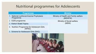 Nutritional programmes for Adolescents
Programmes Ministry
1. National nutritional Anemia Prophylaxis
Programme
Ministry of Health and Family welfare
(MOHFW)
2. ICDS programme Ministry of Social welfare
(MSW)
3. Kishori Shakti Yojana
4. Nutrition Programme for Adolescent Girls
(NPAG)
5. Scheme for Adolescent Girls (SAG)
 