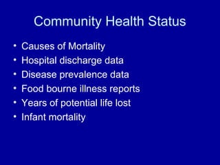 Community Health Status
• Causes of Mortality
• Hospital discharge data
• Disease prevalence data
• Food bourne illness reports
• Years of potential life lost
• Infant mortality
 